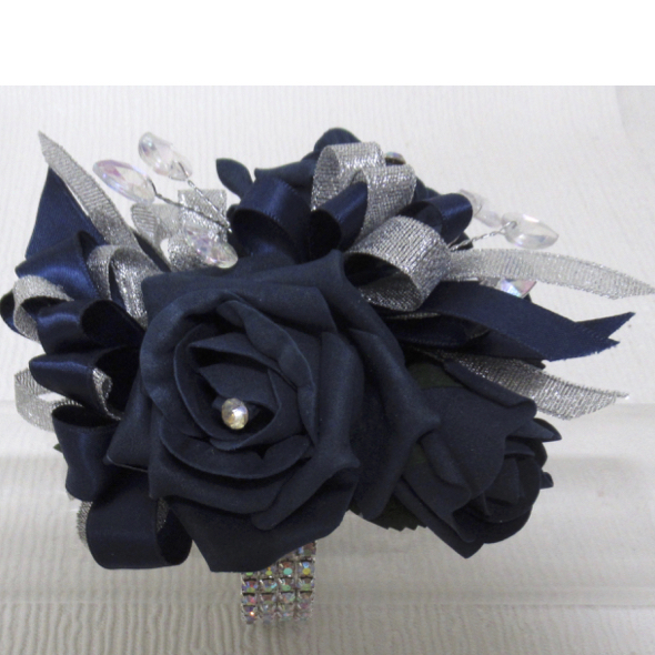 Navy Blue & Silver Wrist Corsage with Heart Gem Spray Deta